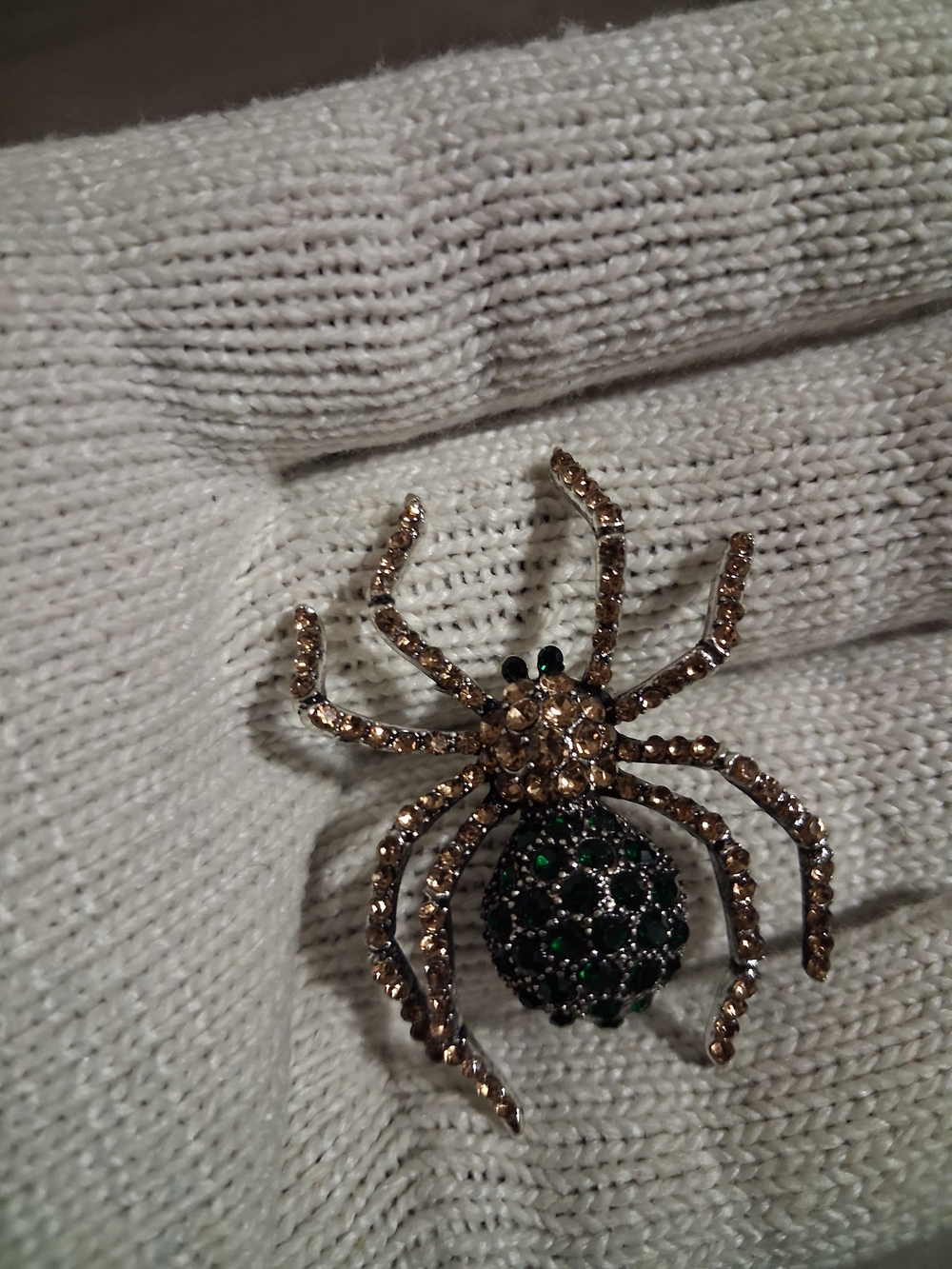 Rhinestone Spider Brooch with Green and Champagne Stones